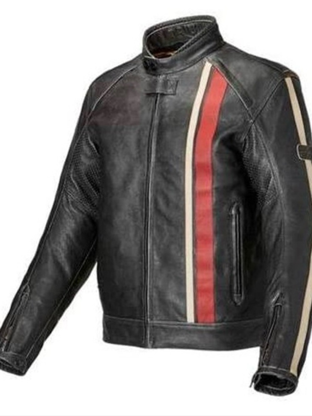 Triumph Black Leather Jacket with Red & Cream Racing Stripes